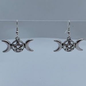 NWT. Handmade Wiccan Pagan Pentagram Pierced Dangle Earrings with Moons!